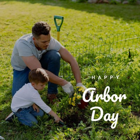 Father and Son Enjoying Gardening on Arbor Day