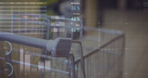 Shopping cart handle closeup revealing retail analytics overlay dashboard percentage readouts