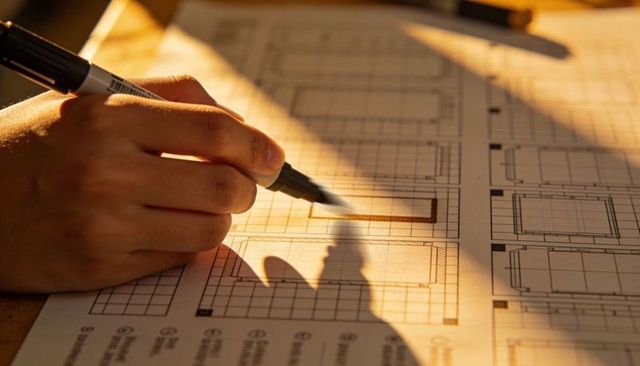 Hand outlining floorplan with marker on architectural blueprint in warm golden light
