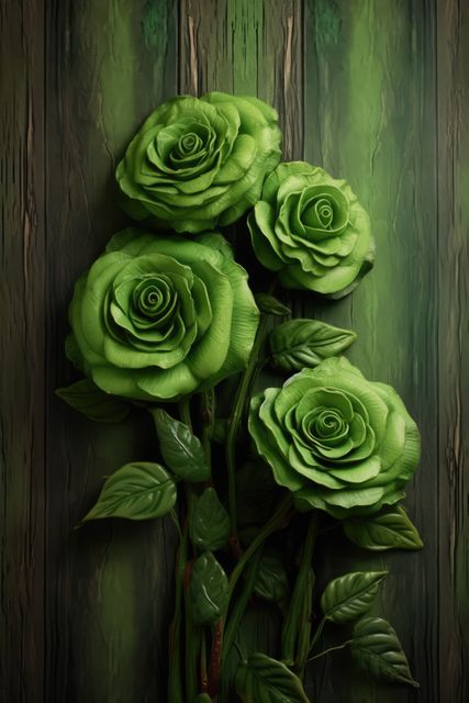 Green roses on green wooden background, created using generative ai technology. Flower, nature, colour and wallpaper concept digitally generated image.