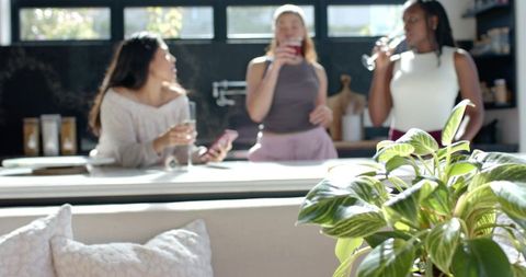 Friends chatting and sipping wine at bright modern kitchen island with lush houseplant at home