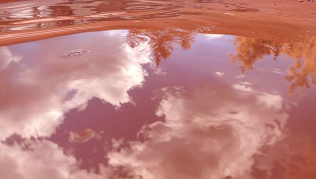 Reflecting rust-red puddle mirroring clouds and trees with gentle ripples