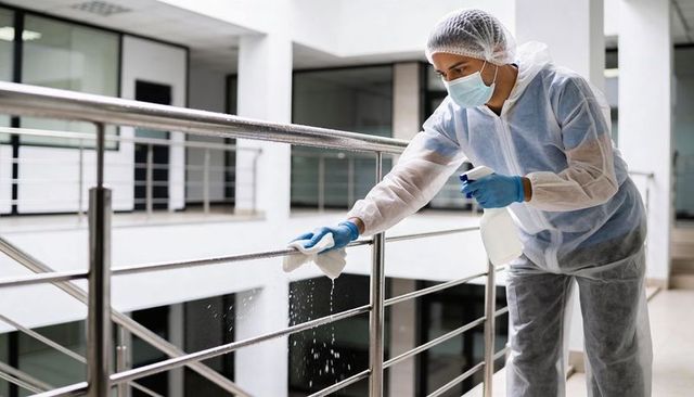 Facility cleaner wearing full ppe sanitizing stainless steel handrail with spray bottle