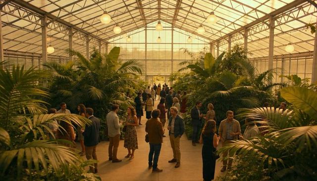 Guests mingling in glasshouse conservatory among lush tropical plants and warm lighting