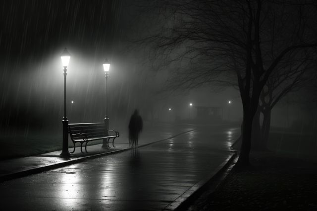Bench in park with street lamps on dark misty rainy night, created using generative ai technology. Park, mist and rain concept digitally generated image.