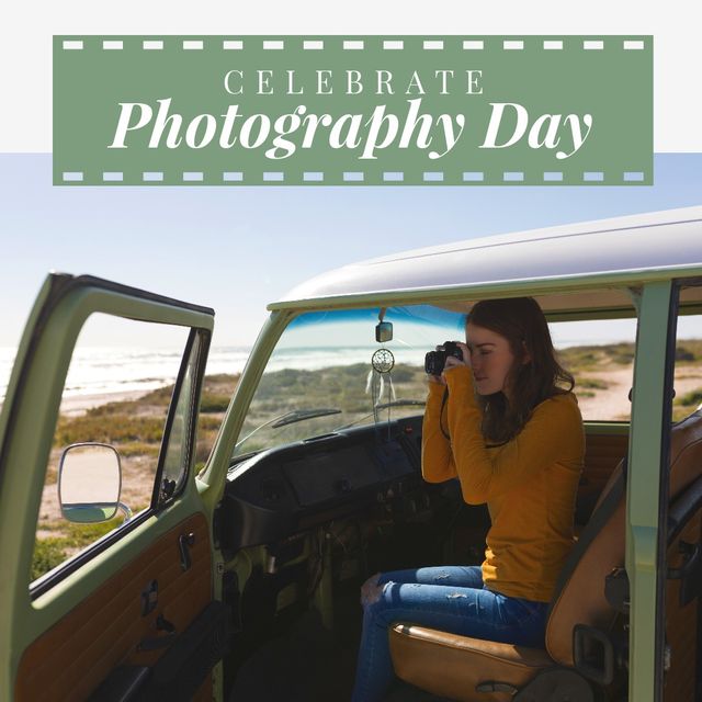 Image of celebrate photography day over caucasian woman taking photo and sitting in car. Photography, creation and memories concept.