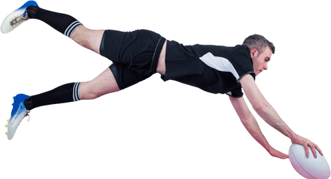 Transparent rugby player scoring dramatic try moment