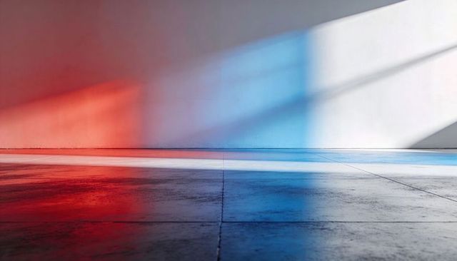 Bold Red and Blue Light Casting Geometric Stripes Across Minimalist Concrete Floor and Wall