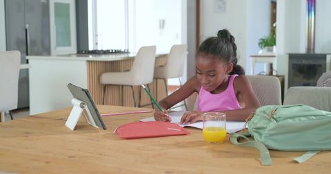 Schoolgirl studying at kitchen table with tablet, backpack and glass of orange juice