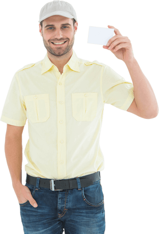cheerful delivery man holding blank business card - Download Free Stock Videos Pikwizard.com