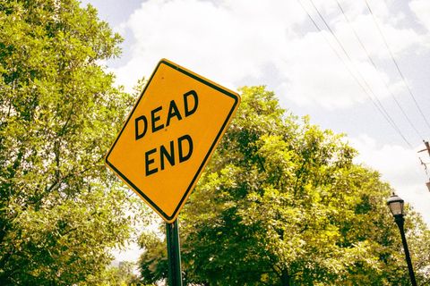 Dead end sign against lush greenery and blue sky