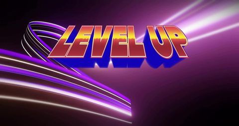 3D Neon Level Up Text in Futuristic Light Environment