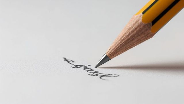Pressing sharp yellow pencil writing delicate cursive mark on textured white paper macro