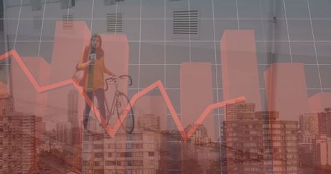 Businesswoman with Bicycle Over Infrared Data City Background