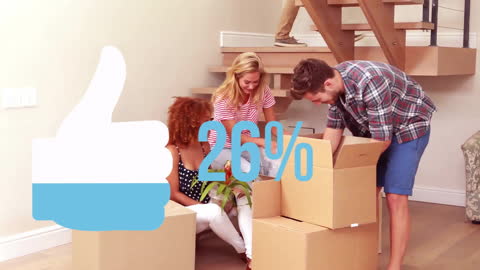 Diverse Friends Unpacking Moving Boxes with Digital Overlay