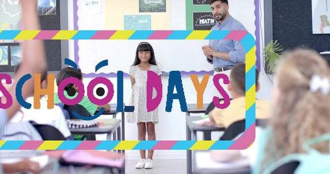 Elementary student presenting in classroom with teacher and bright school days overlay