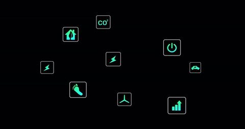 Streaming neon sustainability icons on dark dashboard for energy and emissions monitoring