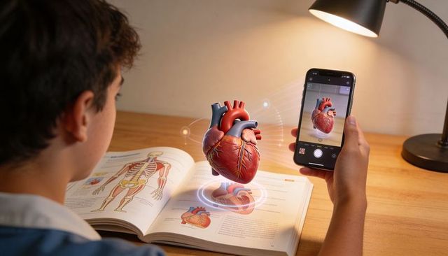Studying student exploring augmented reality heart above anatomy textbook using smartphone