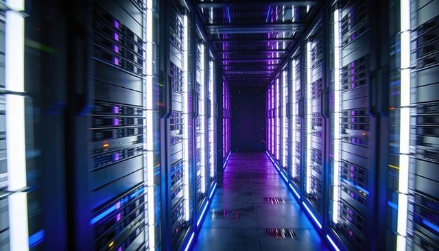 Futuristic data center corridor with glowing server racks, neon led strips, mirrored floor