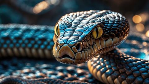 Close-up of metallic blue-green snake with intense eyes in terrarium
