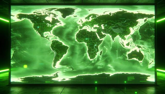 Glowing neon-green world map displaying futuristic command center holographic interface