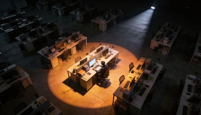 Nightshift lone worker under spotlight in vast empty open-plan office at workstation