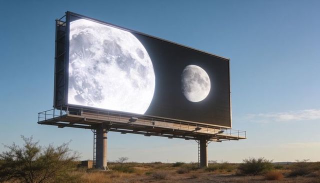 Desert billboard displaying two moons on led screen on steel supports
