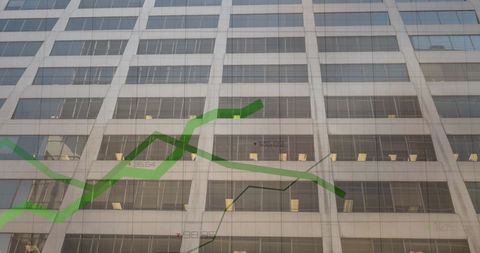 Financial Graph Overlay on Urban Glass Building Facade