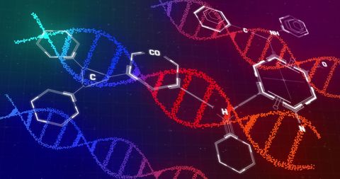 Dna strands with chemical structures on gradient background