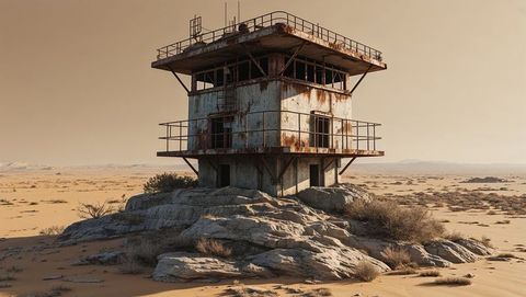 Rusted metal watchtower in arid apocalyptic desert landscape