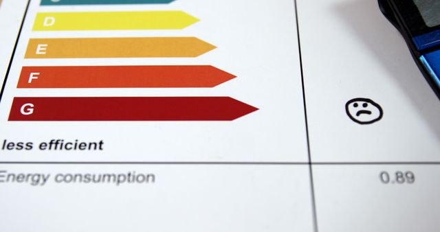 Energy efficiency rating chart showing various levels of efficiency from high to low, with a sad face icon next to a low rating. Useful for illustrating concepts of energy consumption, performance evaluation, or environmental concerns. Can be used in articles about energy efficiency, home improvements, or environmental impact assessments.