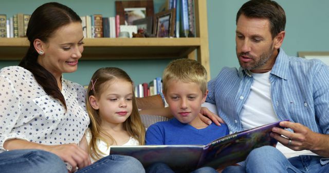 Use this heartwarming image to illustrate family togetherness, parenting, and the joy of reading with children. Perfect for parenting blogs, family-oriented articles, educational content, and advertisements promoting family activities.