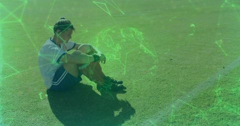 Female Soccer Player Reflecting on Futuristic Field