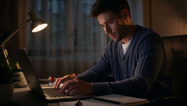 Young man working late on laptop under desk lamp in cozy home office, leaning in, focused