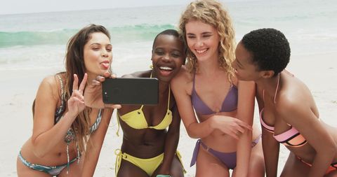 Diverse Group of Friends Taking Selfie on Sunny Beach Day - Download Free Stock Images Pikwizard.com
