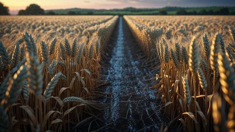 Golden Wheat Field Under Warm Sunset Rays with Dirt Path