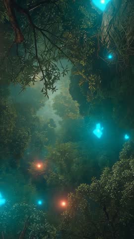 Filtering Light Through Forest Canopy, Drifting Blue and Amber Orbs, Mystical Vertical Video
