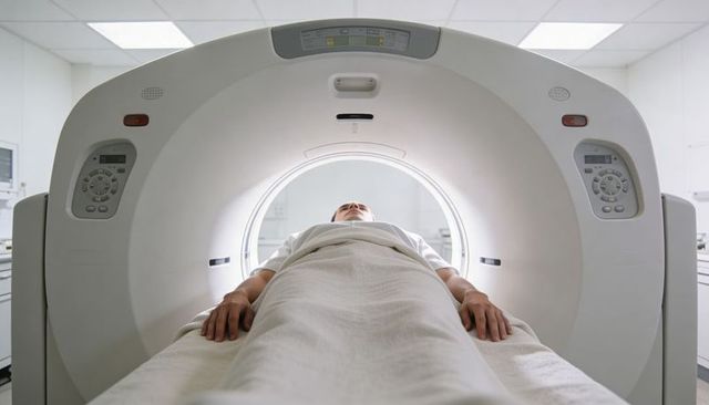 Male patient undergoing ct scan inside radiology gantry in hospital diagnostic suite