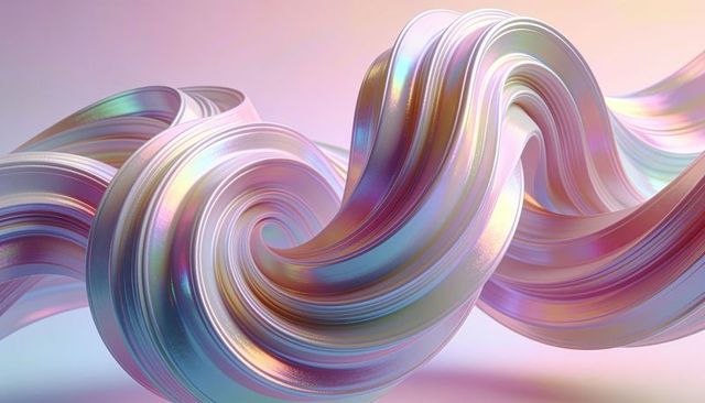 Pearlescent ribbon waves twisting in iridescent gloss, abstract 3d fluid loop background