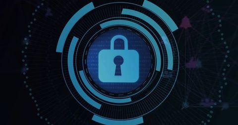 Glowing Cybersecurity Padlock in Futuristic HUD Rings with Binary Core and Network Map