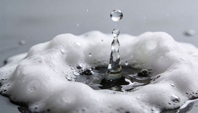 Macro water droplet rising forming splash column with foam ring and reflective ripples