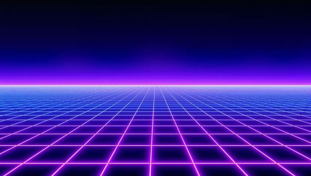 Futuristic neon grid virtual perspective with purple horizon