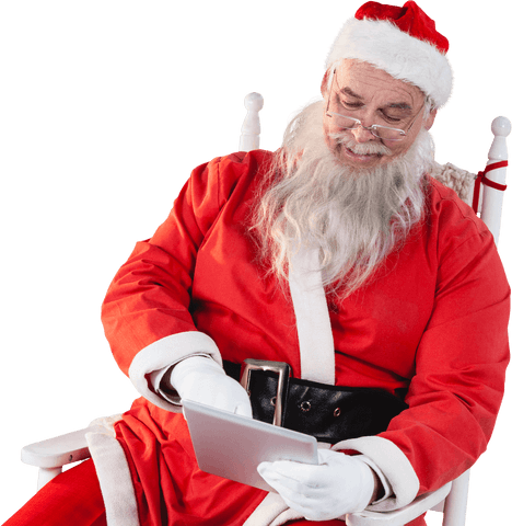 Transparent santa claus using tablet technology modern holiday
