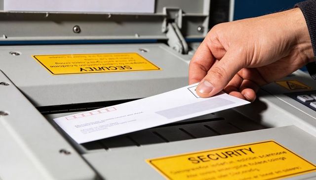 Hand Inserting Envelope into Secure Mail Drop Kiosk Slot for Secure Mail Deposit