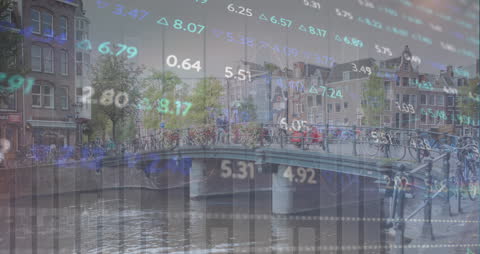 Financial Data Overlay on Scenic Urban Cityscape