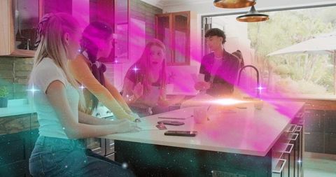 Friends gathering around kitchen island with neon magenta glow and surreal lighting