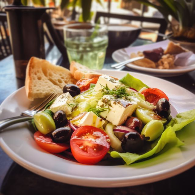 Freshly prepared Greek salad with vibrant vegetables, chunks of feta cheese, and black olives on a white plate displayed on an outdoor café table. Two slices of bread accompany the salad along with a fork and knife. Ideal for use in food blogs, healthy eating campaigns, Mediterranean cuisine promotions, restaurant menus, and outdoor dining advertisements.