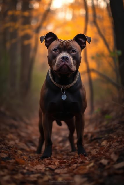 Pit Bull standing confidently on forest path surrounded by vibrant autumn foliage. Ideal for nature-themed projects, pet care advertisements, autumn campaigns, or inspiring backgrounds portraying strength and confidence.