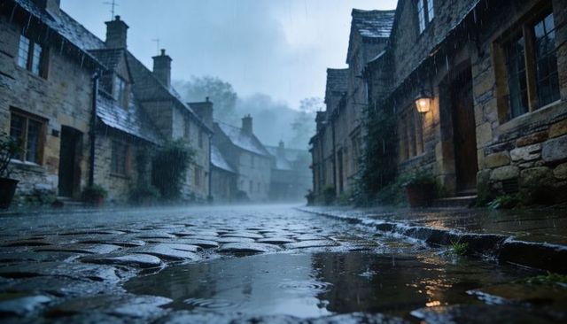 Rain-soaked cobblestone street reflecting lantern light, mist rising in historic village