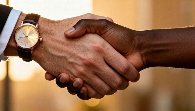 Sunlit handshake between diverse business partners wearing gold watch and suit sleeve